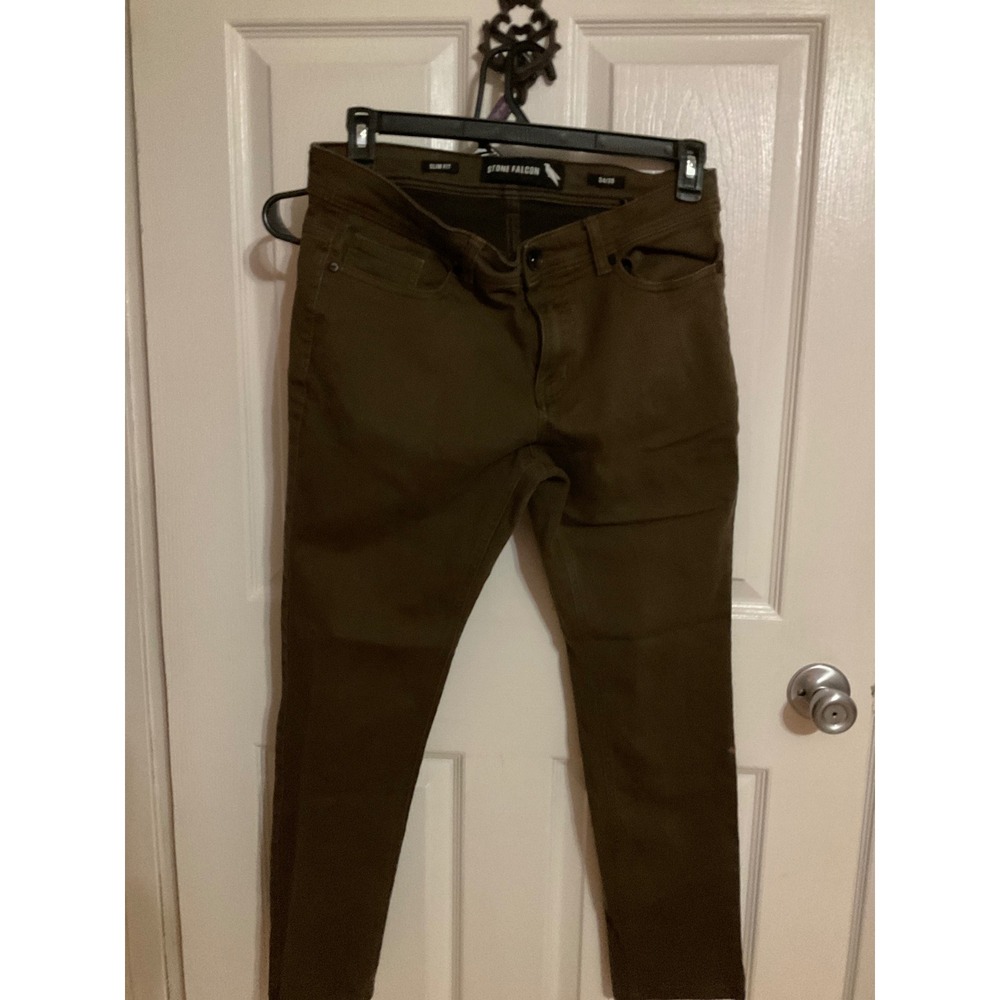 Stone Falcon Mens Slim Fit Olive Green Pants 34x30 Casual Five Pocket Trousers